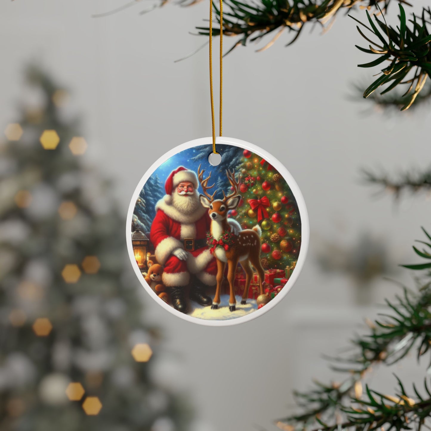 The Spirit of Christmas: Santa and Reindeer Christmas Ceramic Ornaments, 2-Side Print, (1pc, 3pcs, 5pcs, 10pcs)