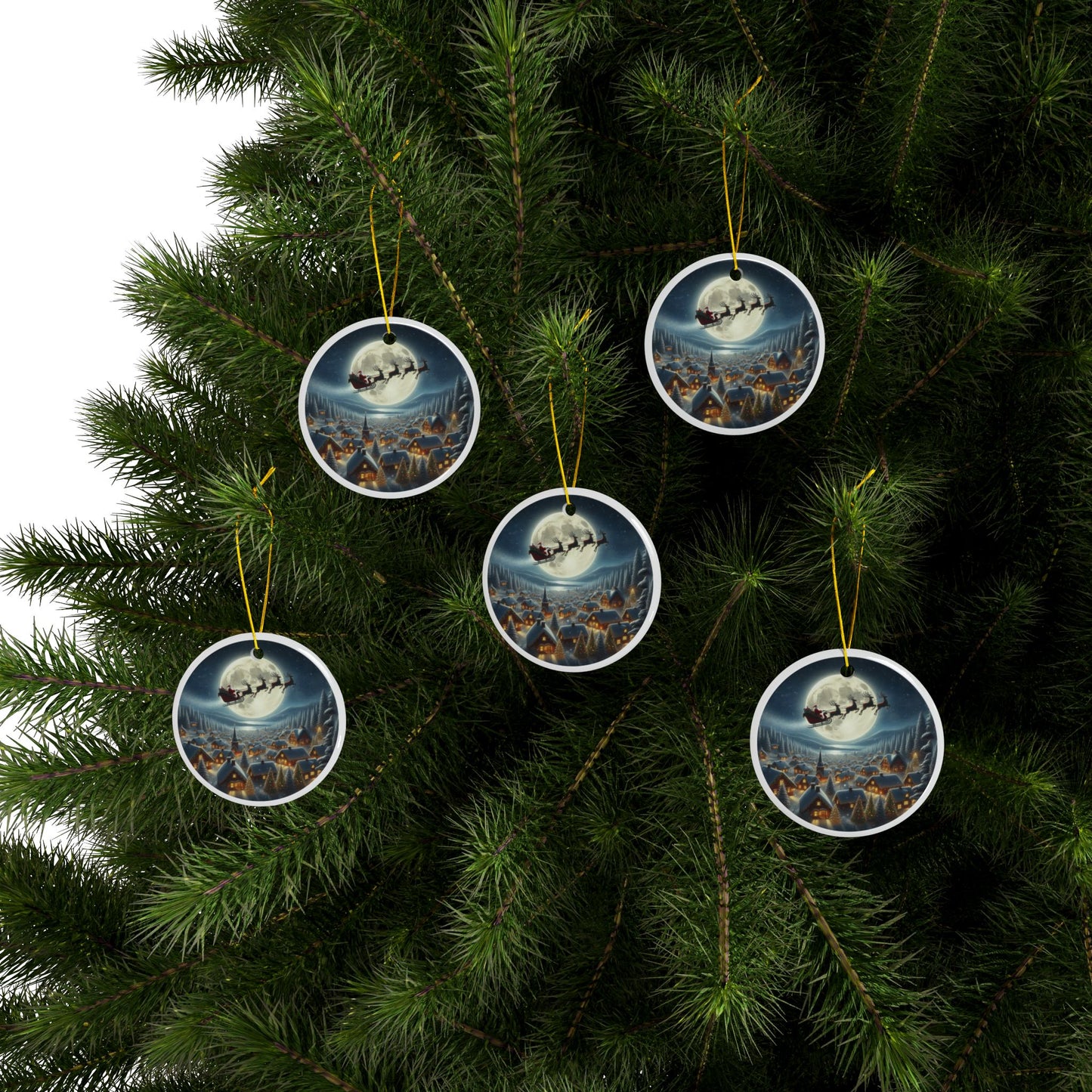 Santa’s Moonlit Village Flight Christmas Ceramic Ornaments, 2-Side Print, (1pc, 3pcs, 5pcs, 10pcs)