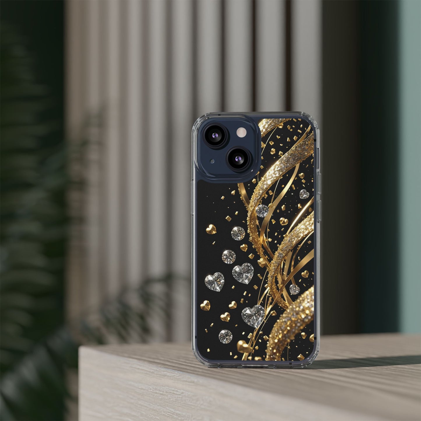 Gleaming Heart Clear Case, Elegant Gold Glitter, Sparkling Design