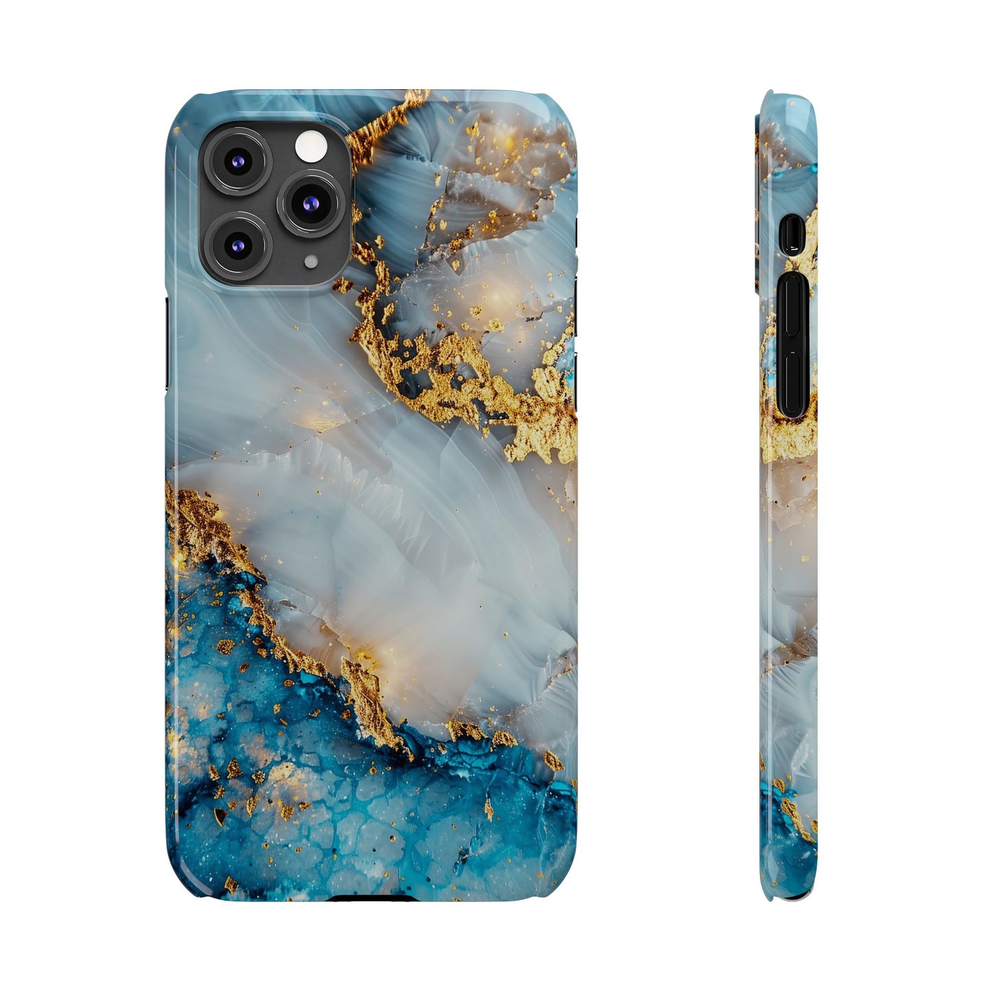 Marble Luxe Slim iPhone Case, Elegant Blue & Gold Design