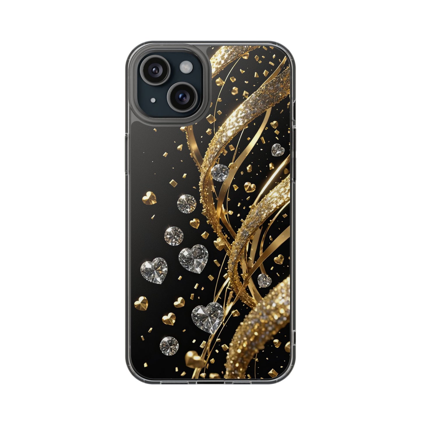 Gleaming Heart Clear Case, Elegant Gold Glitter, Sparkling Design