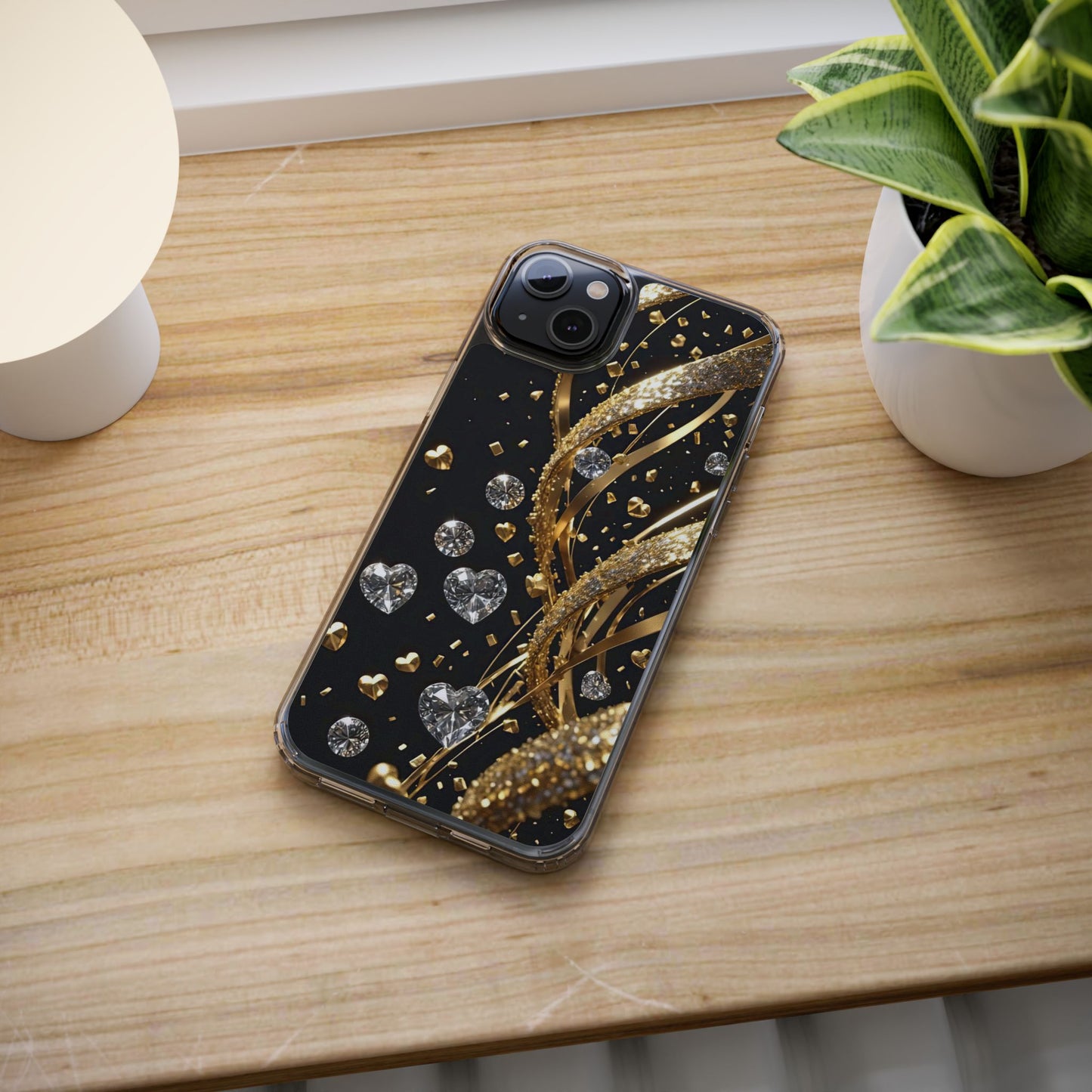 Gleaming Heart Clear Case, Elegant Gold Glitter, Sparkling Design