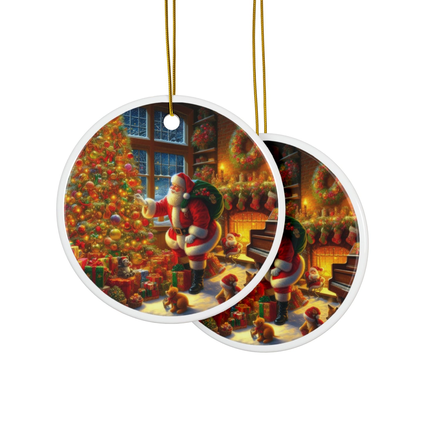 Santa’s Tree Decoration Delight Christmas Ceramic Ornaments, 2-Side Print, (1pc, 3pcs, 5pcs, 10pcs)