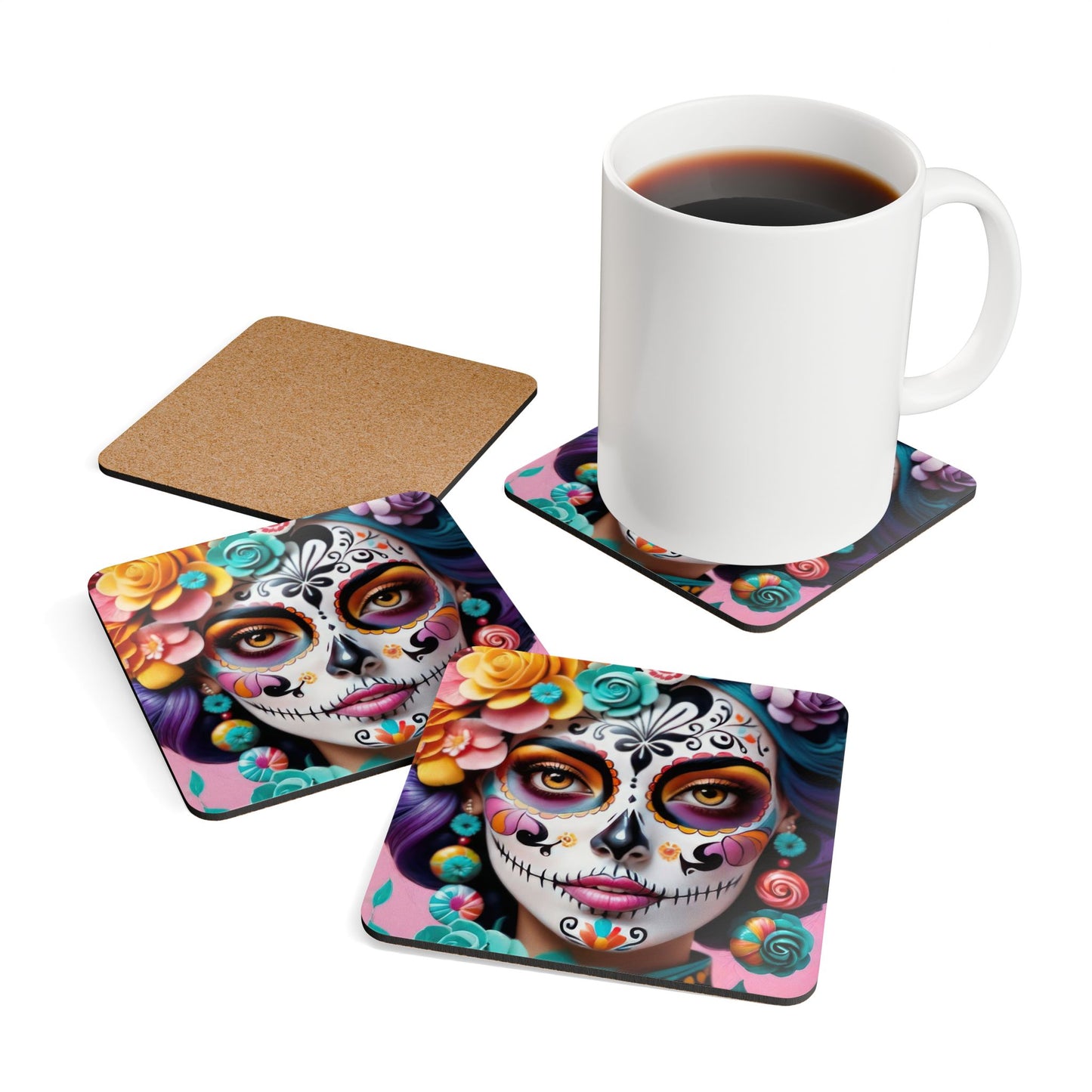 Sugar Skull Cork Coaster Set, Dia de los Muertos Decor