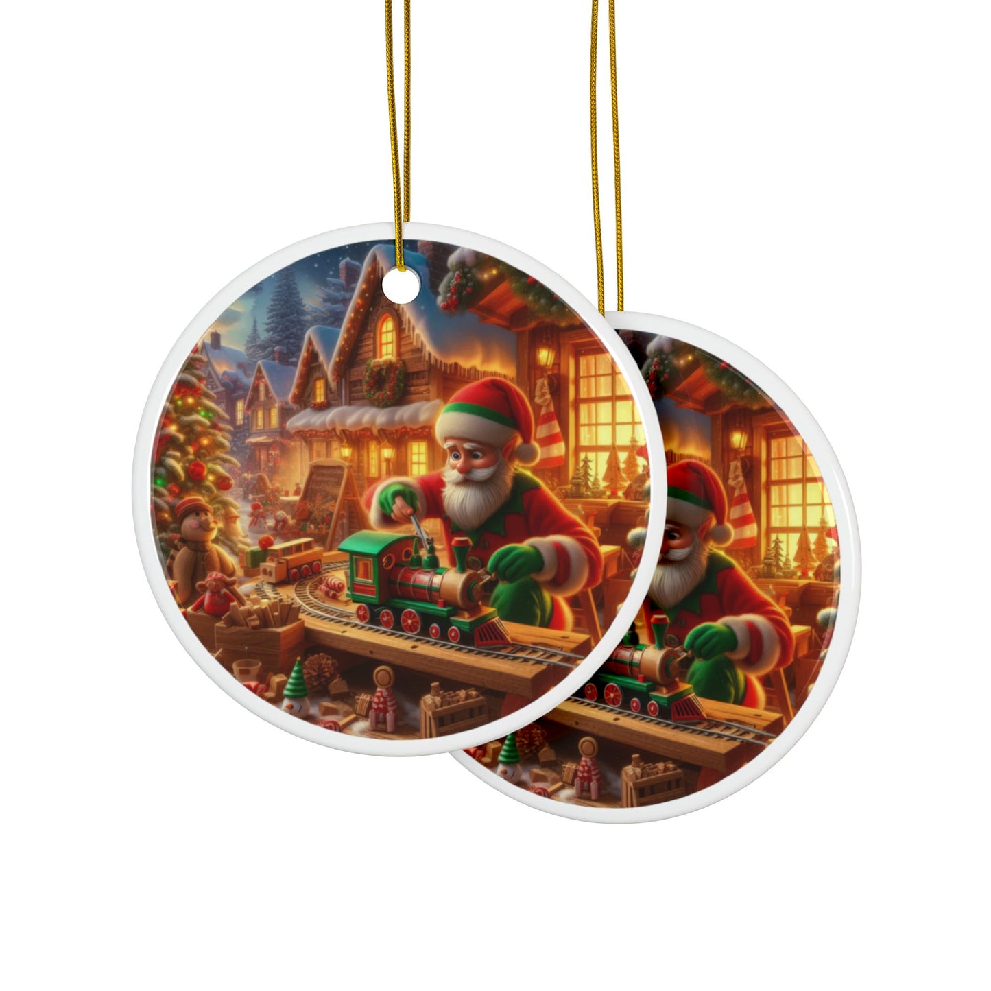 Wooden Dreams with Santa Christmas Ceramic Ornaments, 2-Side Print, (1pc, 3pcs, 5pcs, 10pcs)