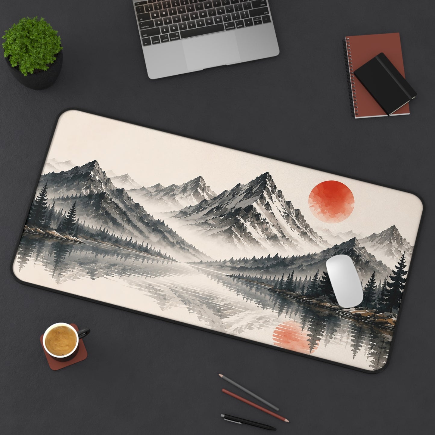 Mountain Lake Desk Mat – Minimal Asian Ink Landscape with Red Sun