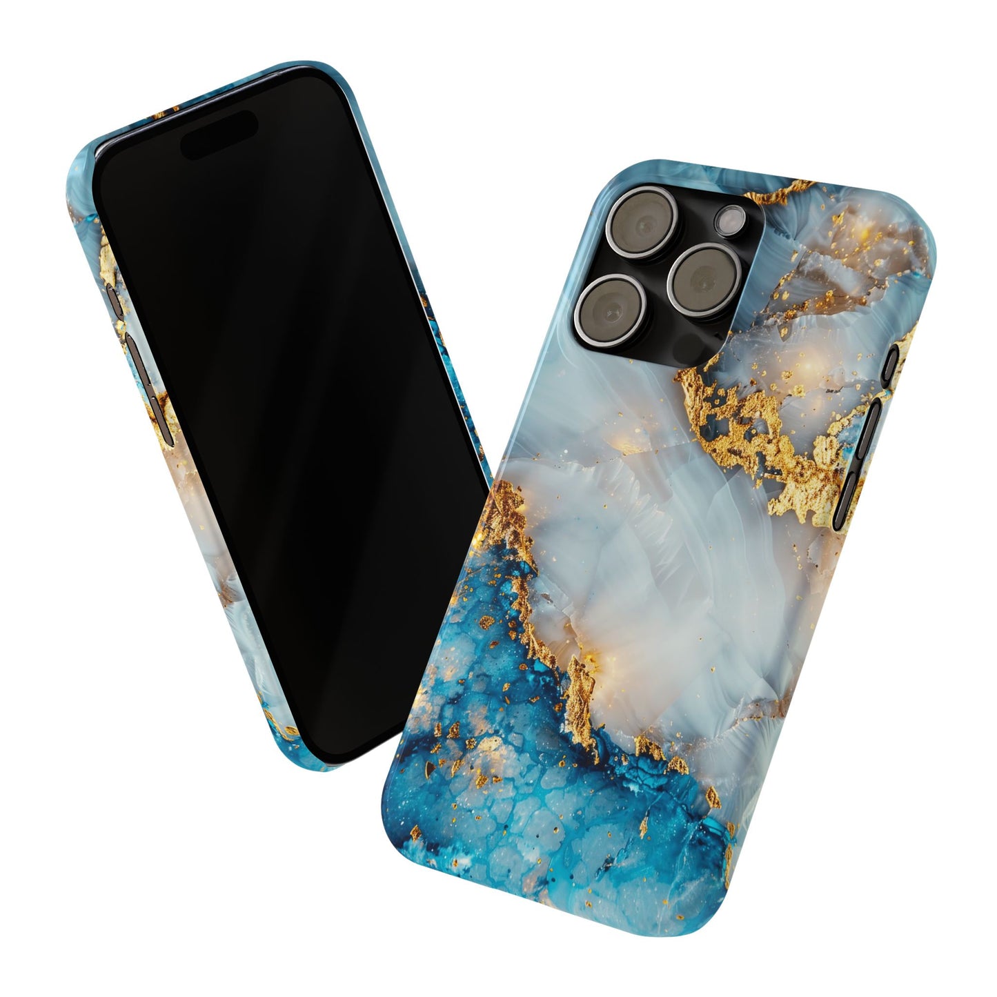 Marble Luxe Slim iPhone Case, Elegant Blue & Gold Design