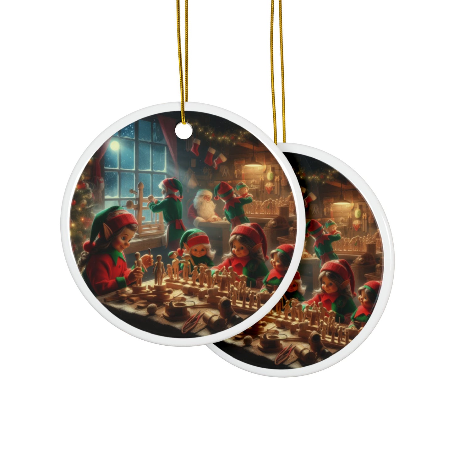 Magical Elves’ Workshop Christmas Ceramic Ornaments, 2-Side Print, (1pc, 3pcs, 5pcs, 10pcs)