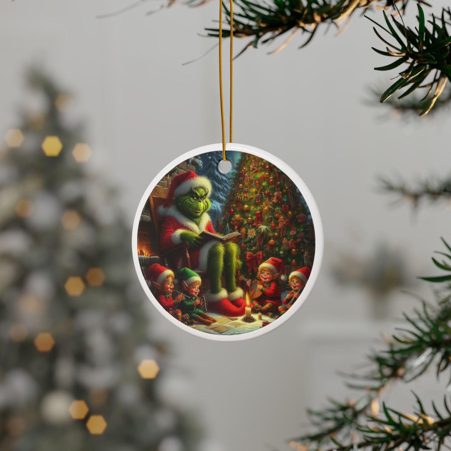 Grinch’s Magical Story Hour Christmas Ceramic Ornaments, 2-Side Print, (1pc, 3pcs, 5pcs, 10pcs)