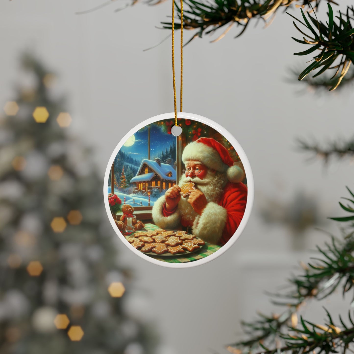 Santa’s Festive Cookie Break Christmas Ceramic Ornaments, 2-Side Print, (1pc, 3pcs, 5pcs, 10pcs)