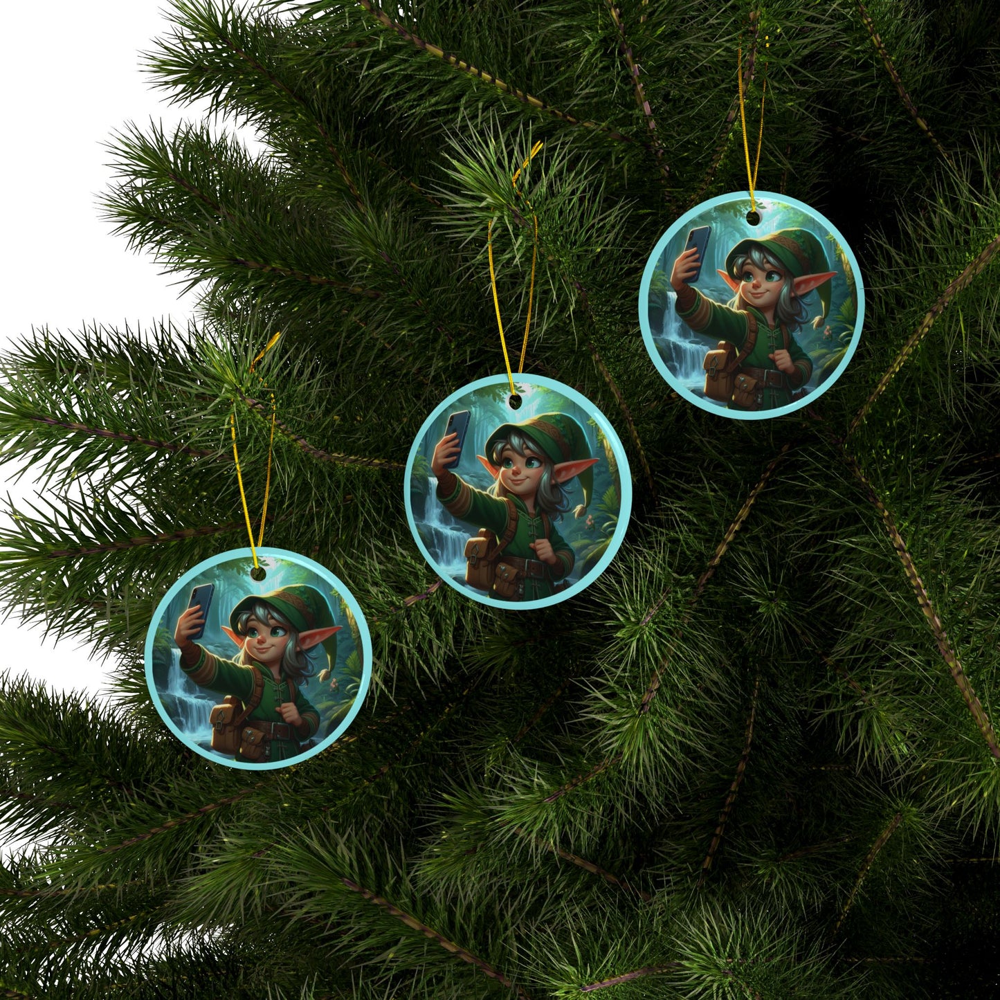 Elfie Selfie Ceramic Ornaments, 2-Side Print, (1pc, 3pcs, 5pcs, 10pcs)