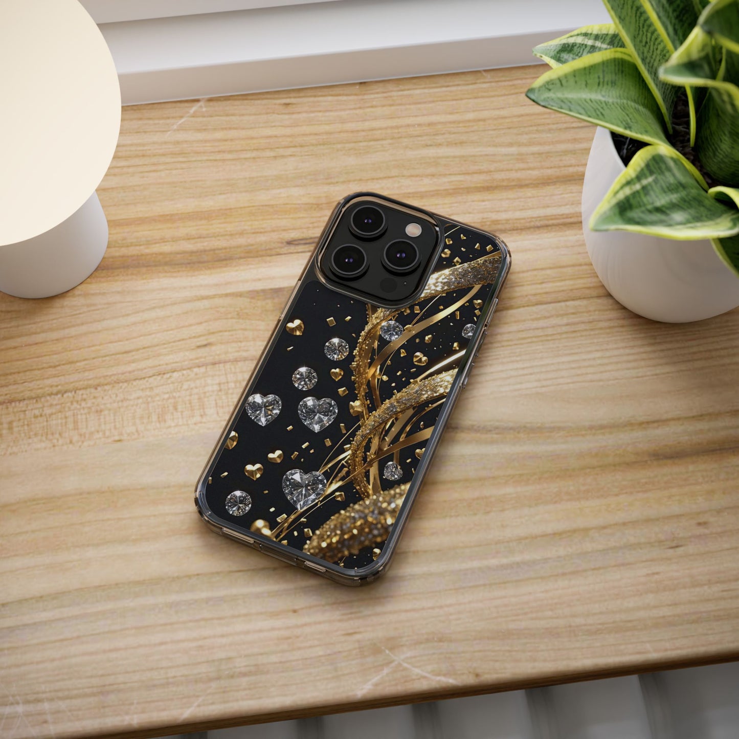 Gleaming Heart Clear Case, Elegant Gold Glitter, Sparkling Design