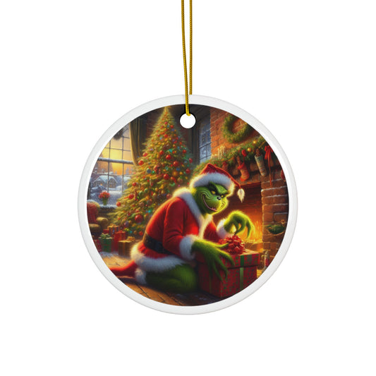 Sneaky Santa: The Grinch Strikes Again Christmas Ceramic Ornaments, 2-Side Print, (1pc, 3pcs, 5pcs, 10pcs)