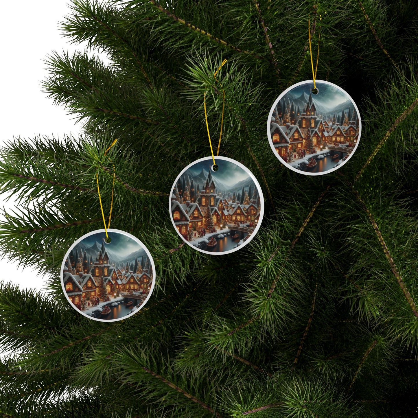 Silent Night in a Snow-Blanketed Village Ceramic Ornaments, 2-Side Print, (1pc, 3pcs, 5pcs, 10pcs)