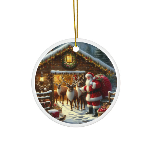 Barnside Christmas with Santa Ceramic Ornaments, 2-Side Print, (1pc, 3pcs, 5pcs, 10pcs)