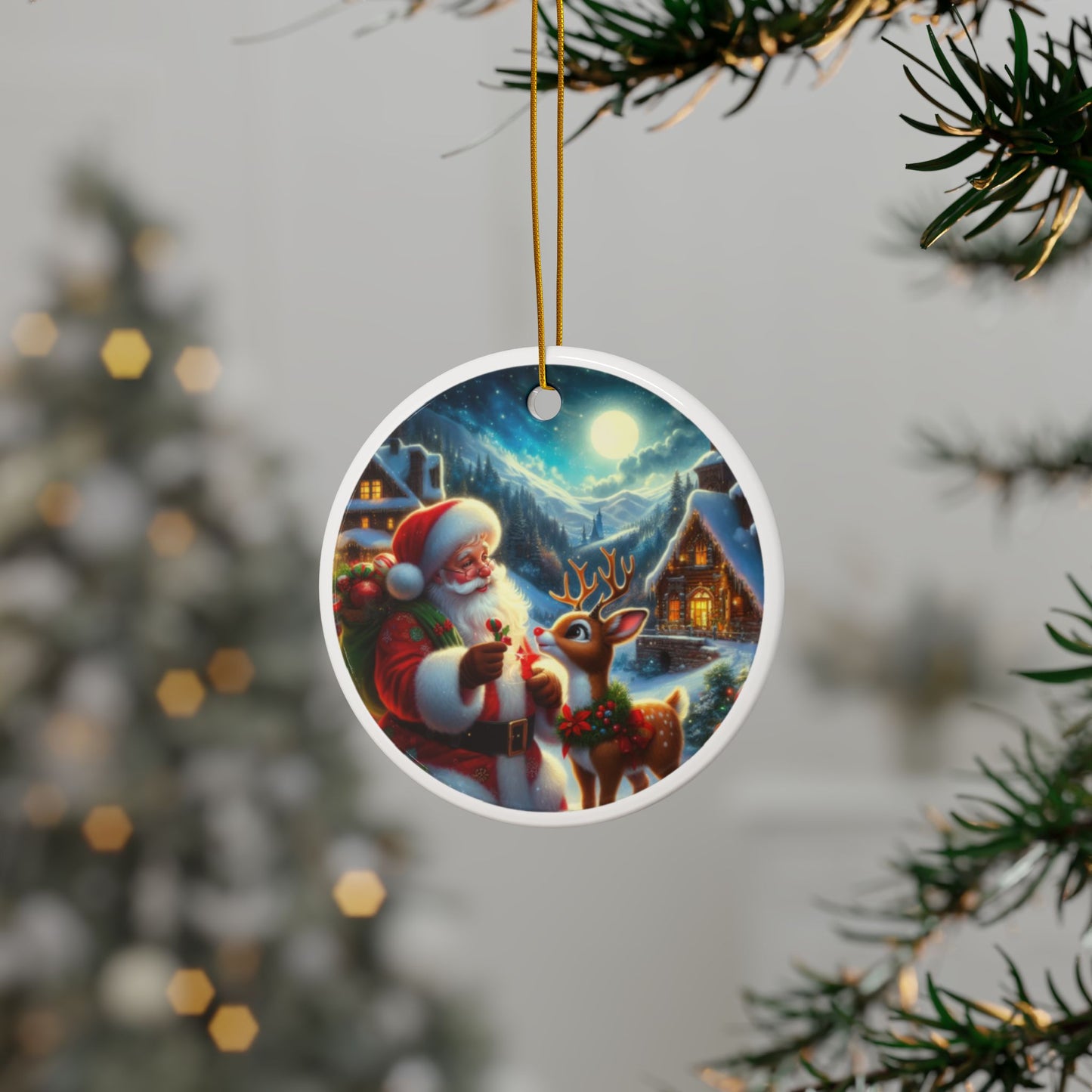 Santa’s Brightest Companion Christmas Ceramic Ornaments, 2-Side Print, (1pc, 3pcs, 5pcs, 10pcs)