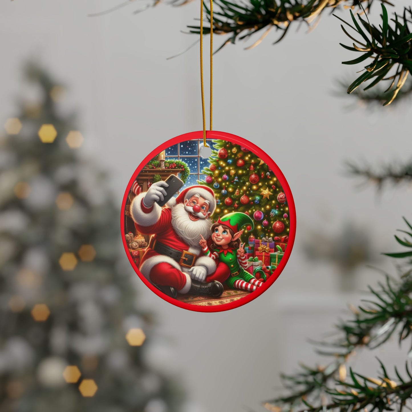 Ho-Ho-Ho Selfie Show Ceramic Ornaments, 2-Side Print, (1pc, 3pcs, 5pcs, 10pcs)