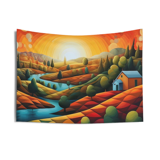 Vibrant Cubist Landscape Indoor Wall Tapestry, Home Decor