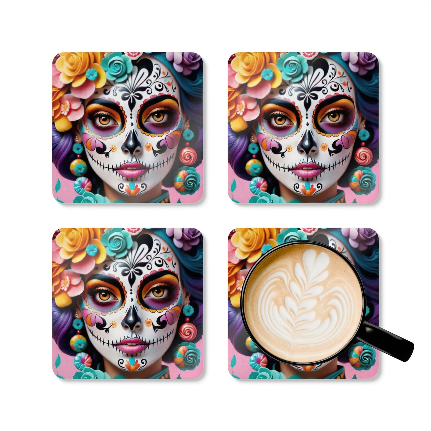 Sugar Skull Cork Coaster Set, Dia de los Muertos Decor