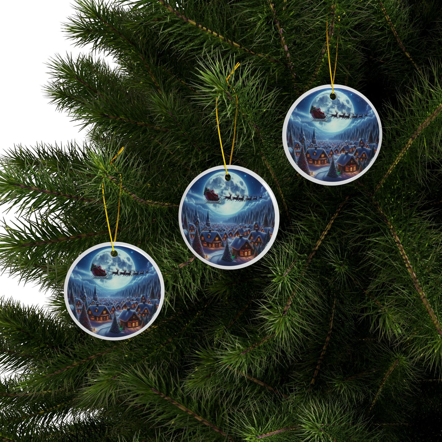 Starlit Santa's Village Drift Christmas Ceramic Ornaments, 2-Side Print, (1pc, 3pcs, 5pcs, 10pcs)