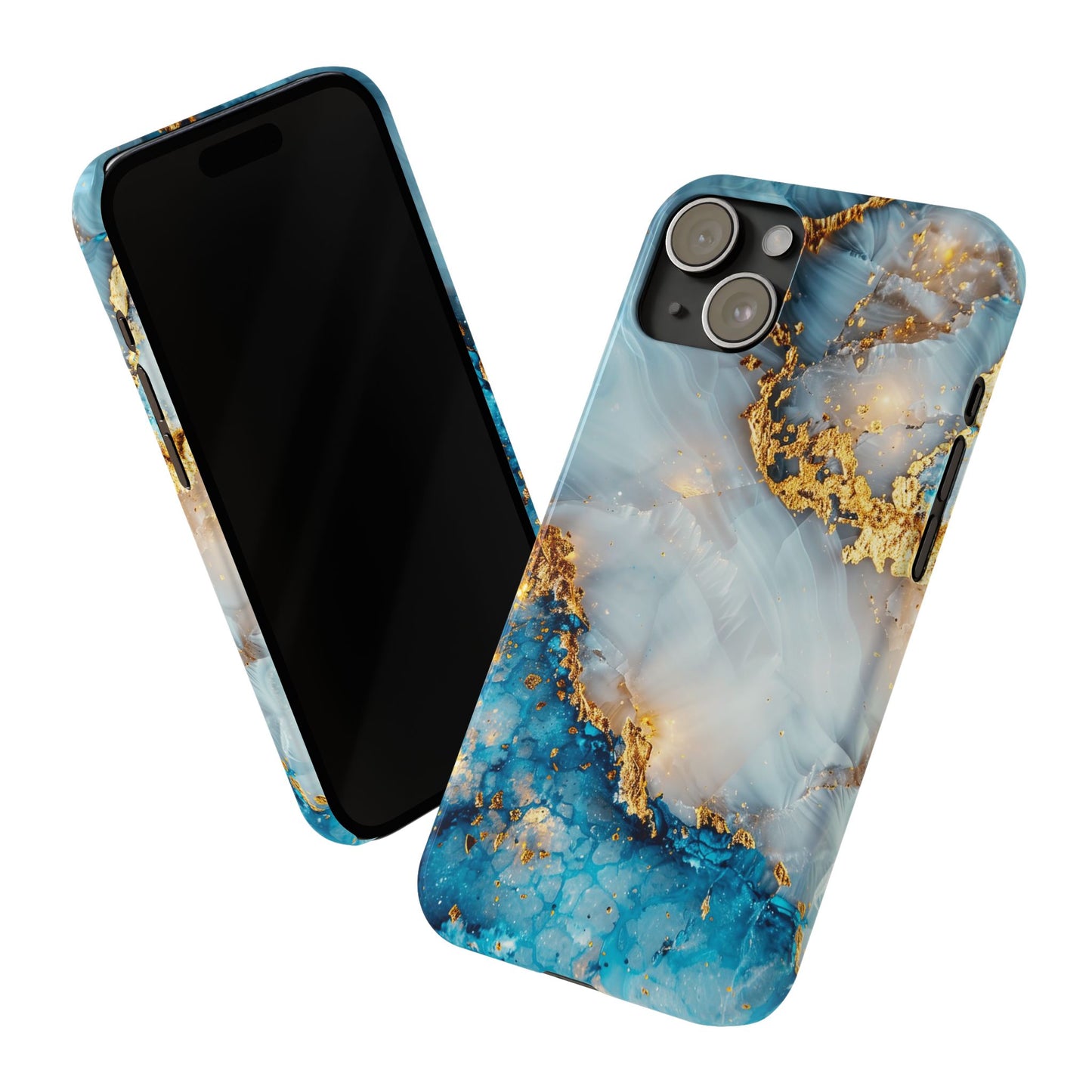 Marble Luxe Slim iPhone Case, Elegant Blue & Gold Design