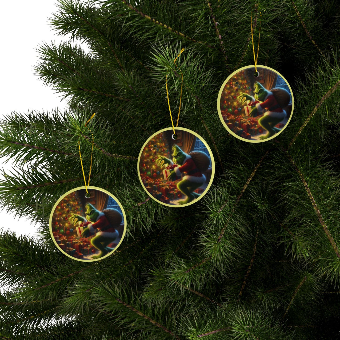 Grinch’s Stealthy Holiday Theft Christmas Ceramic Ornaments, 2-Side Print, (1pc, 3pcs, 5pcs, 10pcs)