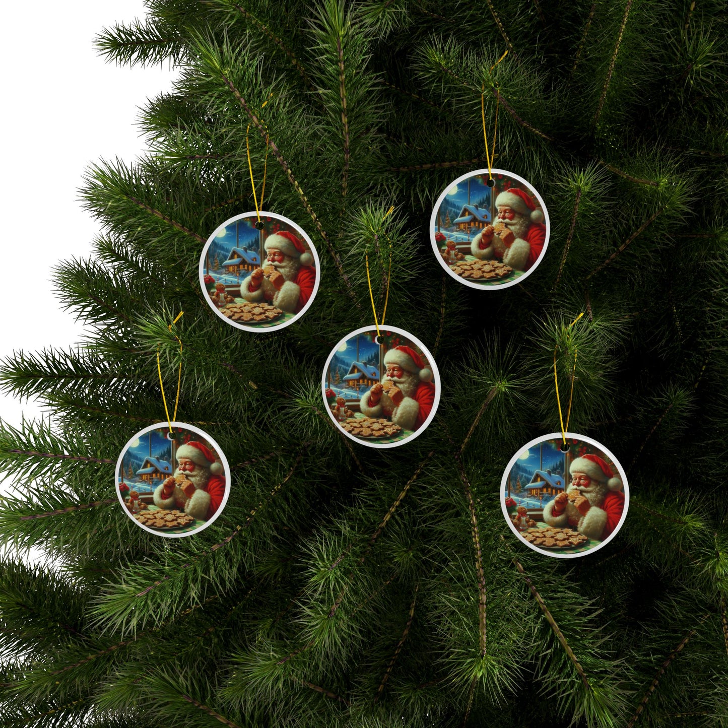 Santa’s Festive Cookie Break Christmas Ceramic Ornaments, 2-Side Print, (1pc, 3pcs, 5pcs, 10pcs)