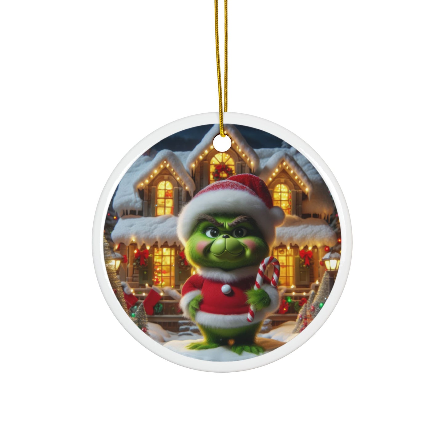 Little Grinch’s Sweet Treat Christmas Ceramic Ornaments, 2-Side Print, (1pc, 3pcs, 5pcs, 10pcs)