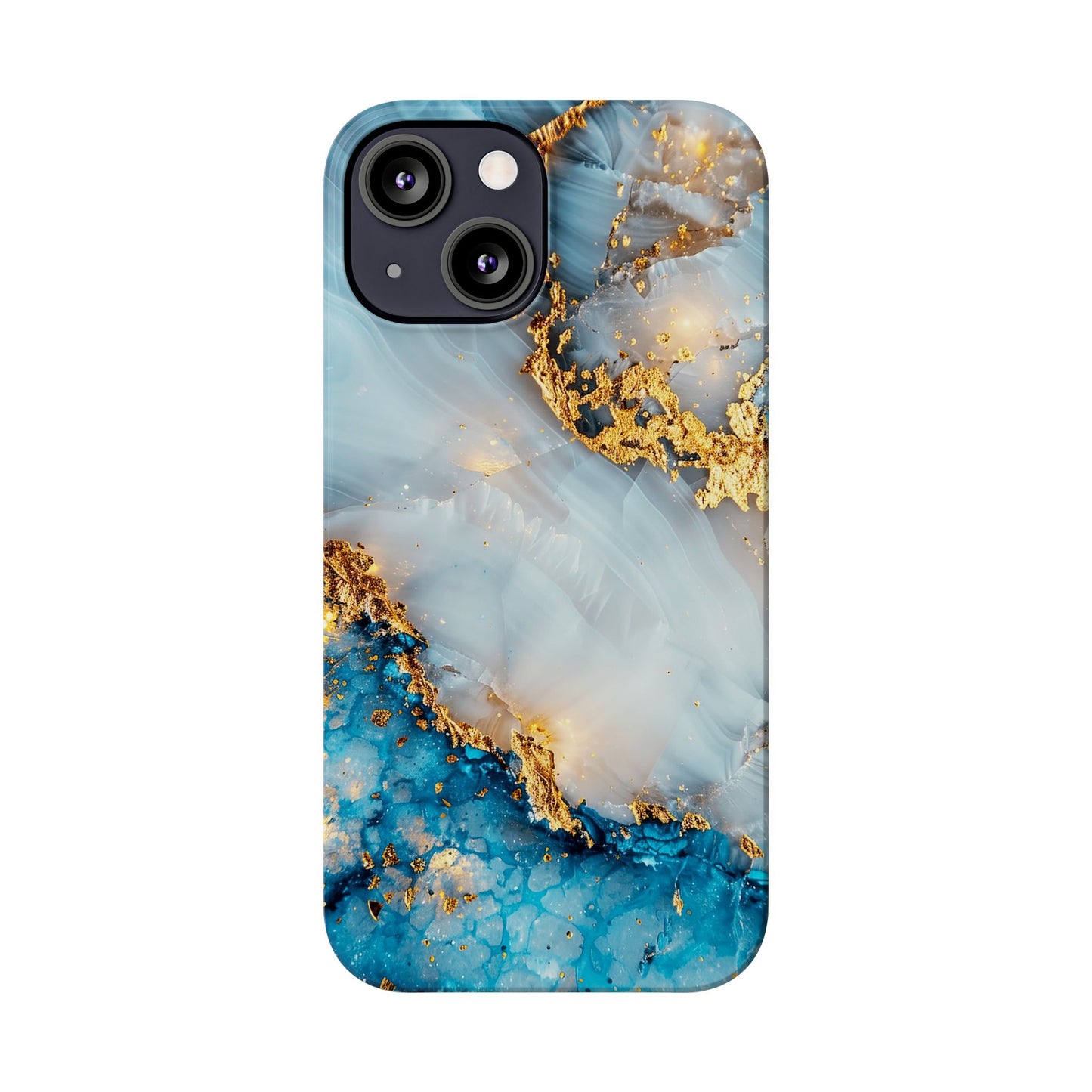 Marble Luxe Slim iPhone Case, Elegant Blue & Gold Design