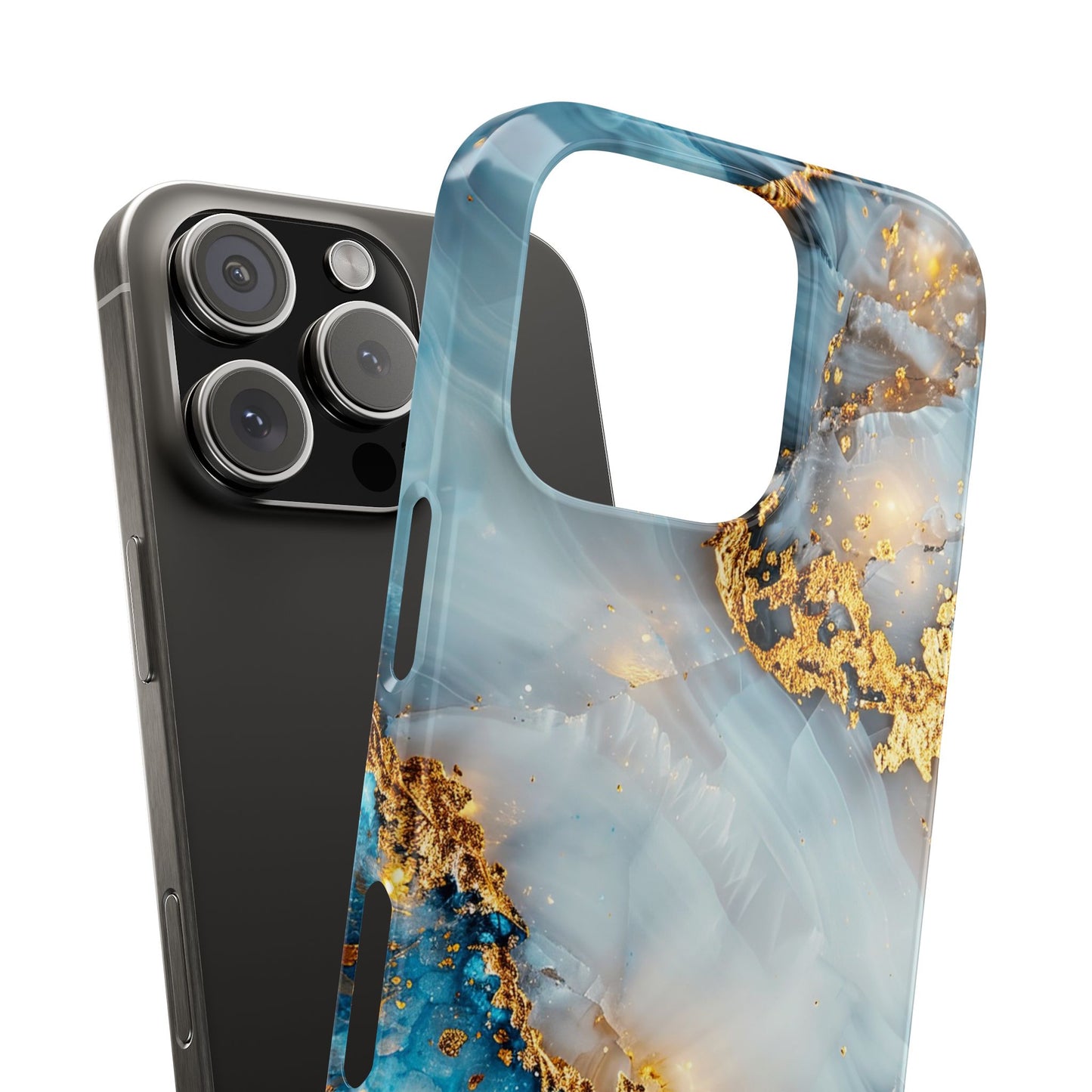 Marble Luxe Slim iPhone Case, Elegant Blue & Gold Design