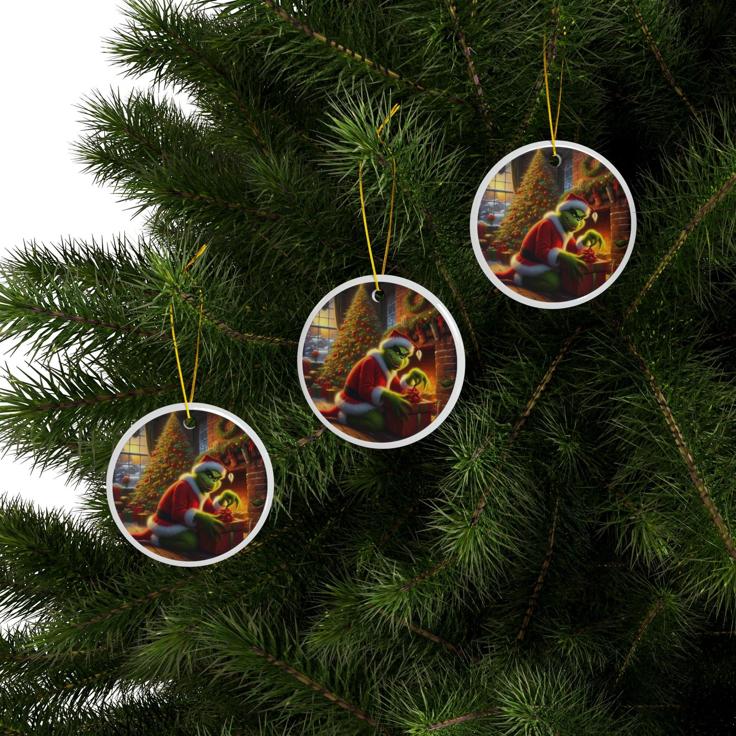 Sneaky Santa: The Grinch Strikes Again Christmas Ceramic Ornaments, 2-Side Print, (1pc, 3pcs, 5pcs, 10pcs)