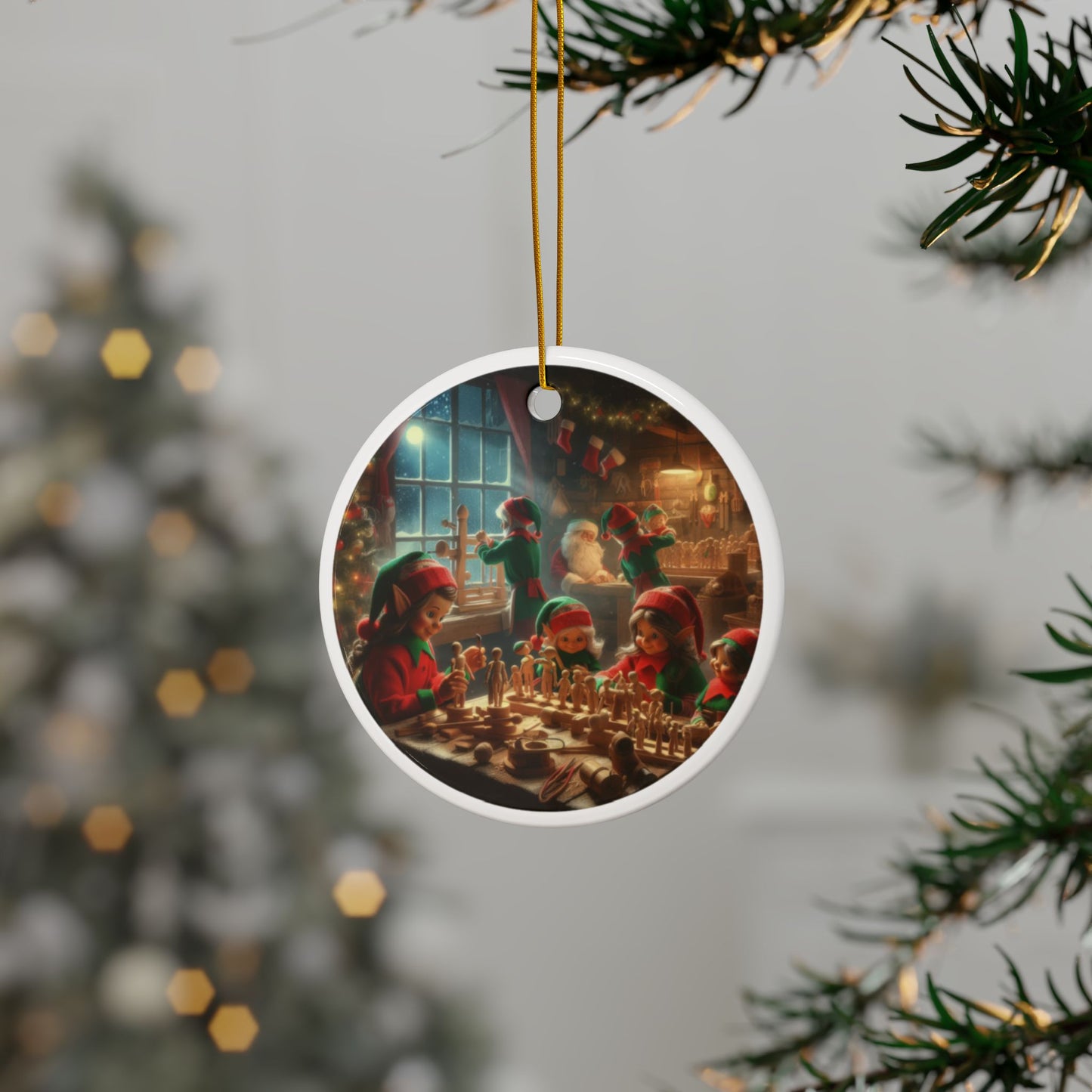 Magical Elves’ Workshop Christmas Ceramic Ornaments, 2-Side Print, (1pc, 3pcs, 5pcs, 10pcs)