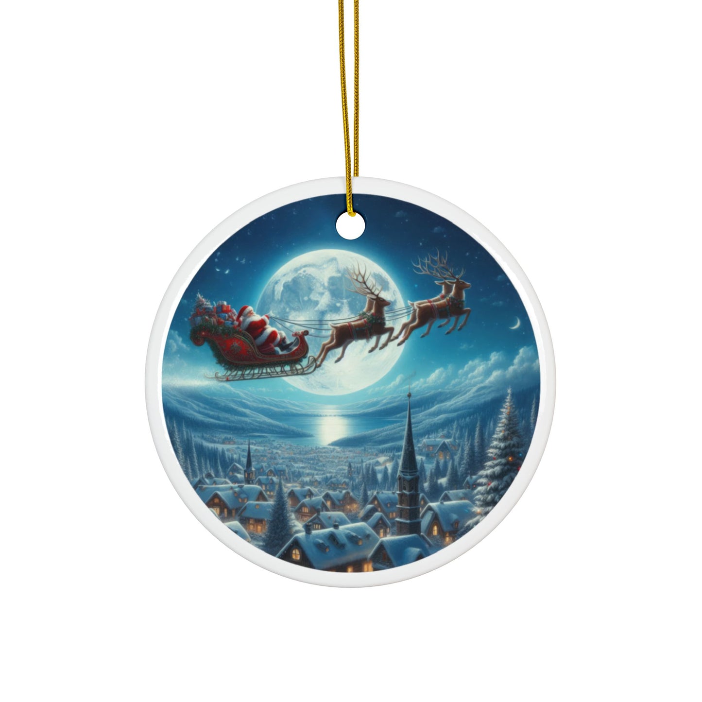 Magical Sleigh Ride Above Cheerland Christmas Ceramic Ornaments, 2-Side Print, (1pc, 3pcs, 5pcs, 10pcs)