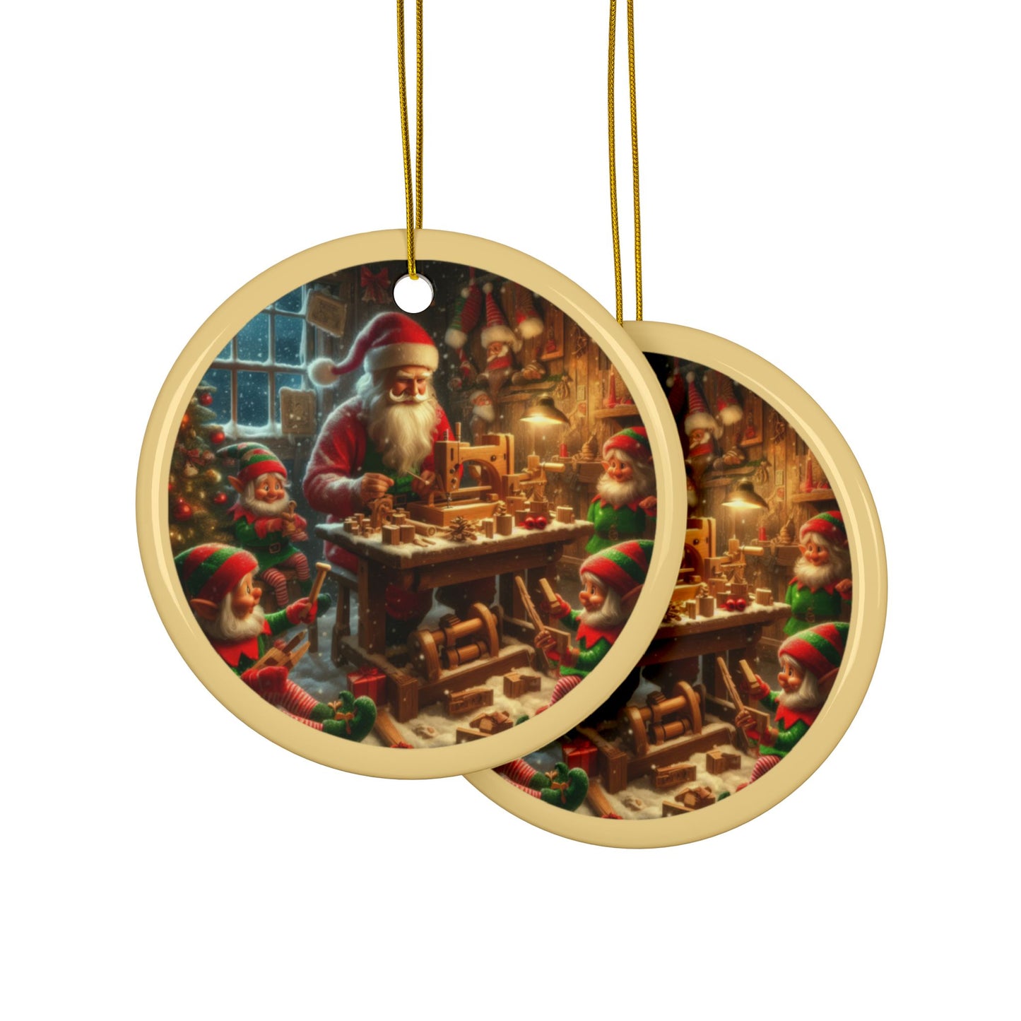 Santa’s Workshop Harmony Christmas Ceramic Ornaments, 2-Side Print, (1pc, 3pcs, 5pcs, 10pcs)