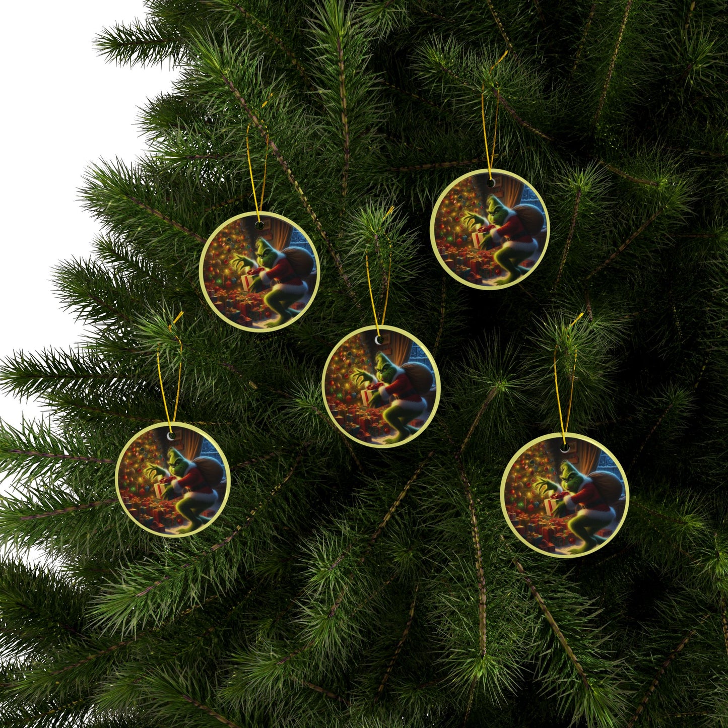 Grinch’s Stealthy Holiday Theft Christmas Ceramic Ornaments, 2-Side Print, (1pc, 3pcs, 5pcs, 10pcs)