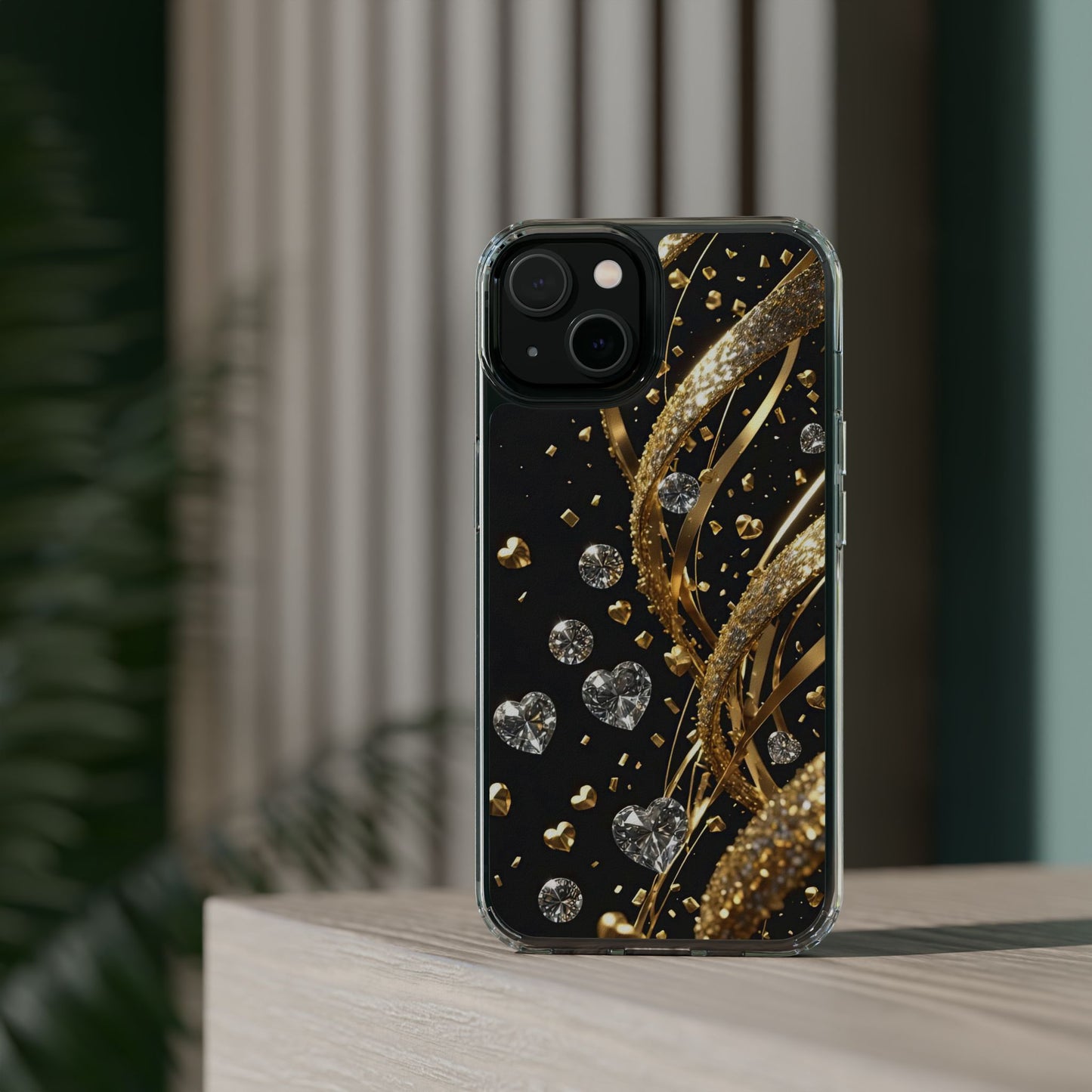 Gleaming Heart Clear Case, Elegant Gold Glitter, Sparkling Design