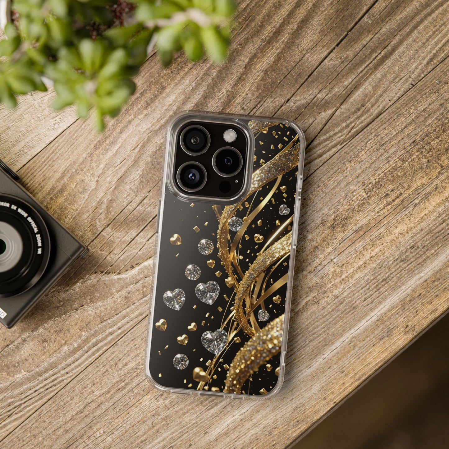 Gleaming Heart Clear Case, Elegant Gold Glitter, Sparkling Design