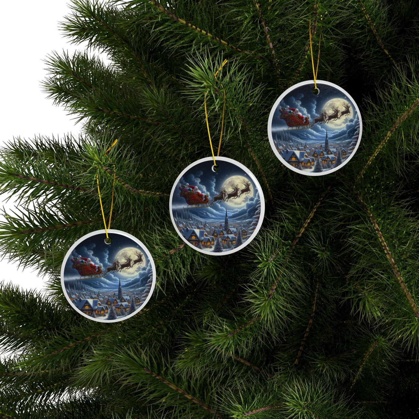 Holly Jolly Twilight Journey Christmas Ceramic Ornaments, 2-Side Print, (1pc, 3pcs, 5pcs, 10pcs)