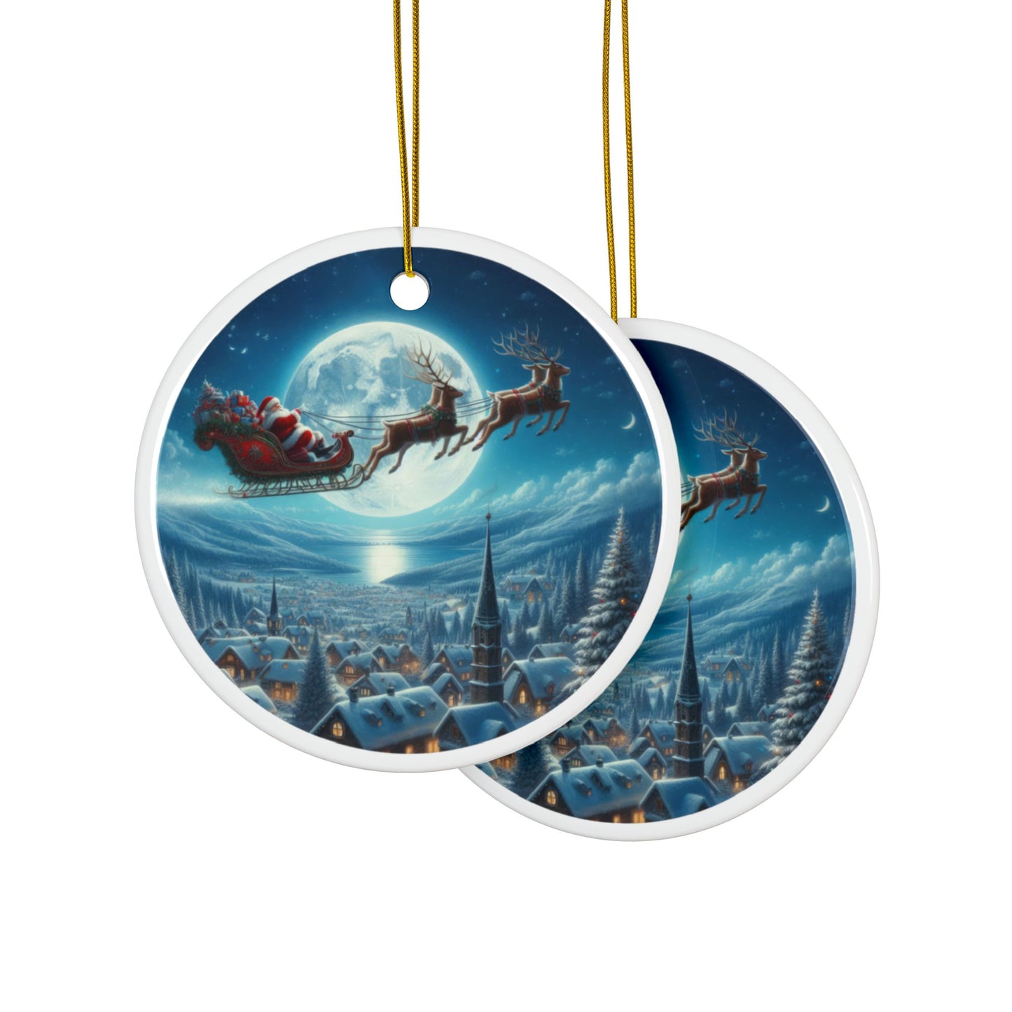 Magical Sleigh Ride Above Cheerland Christmas Ceramic Ornaments, 2-Side Print, (1pc, 3pcs, 5pcs, 10pcs)