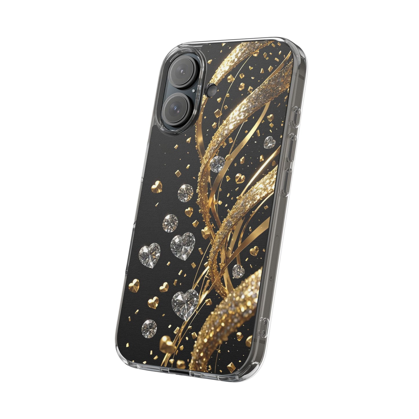 Gleaming Heart Clear Case, Elegant Gold Glitter, Sparkling Design