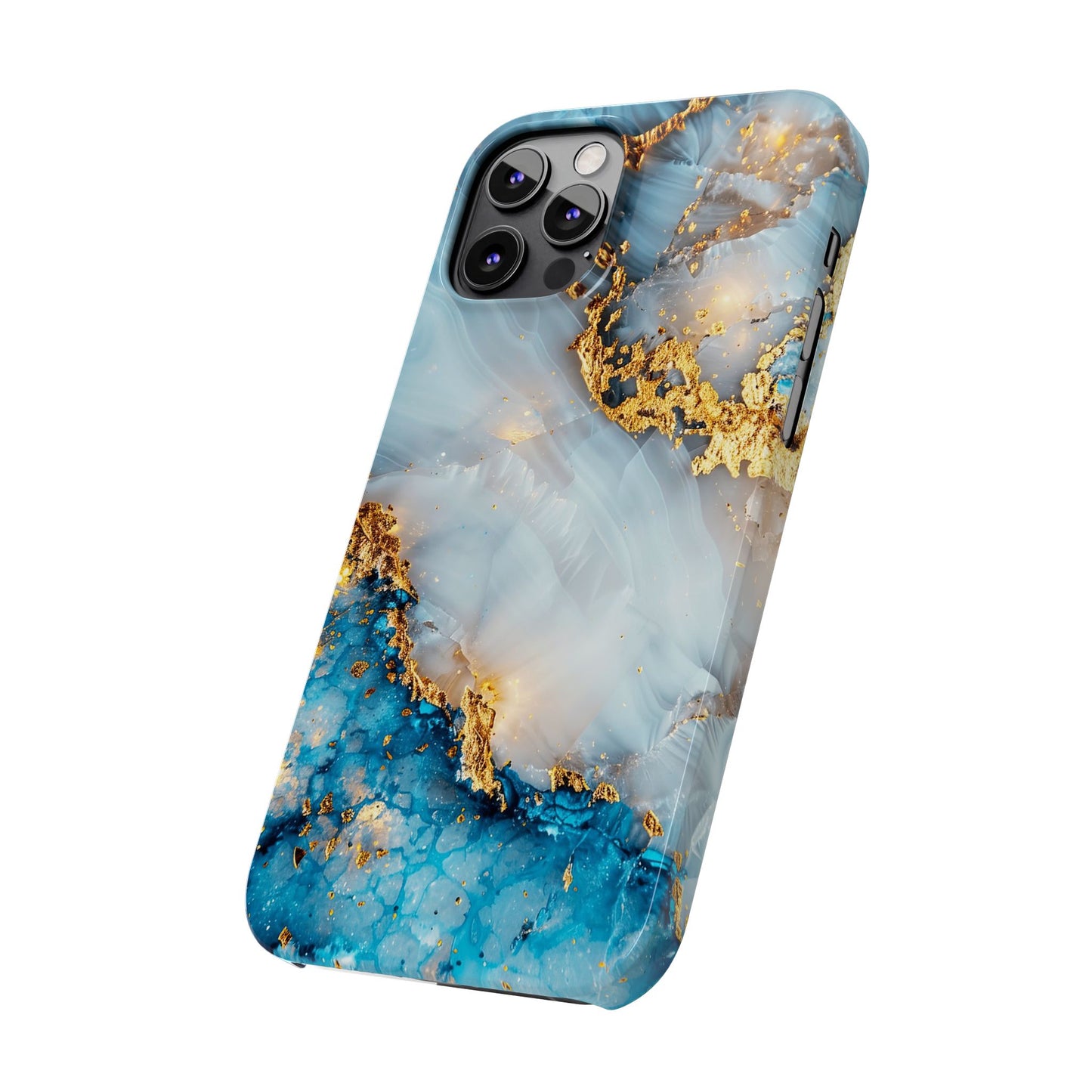 Marble Luxe Slim iPhone Case, Elegant Blue & Gold Design