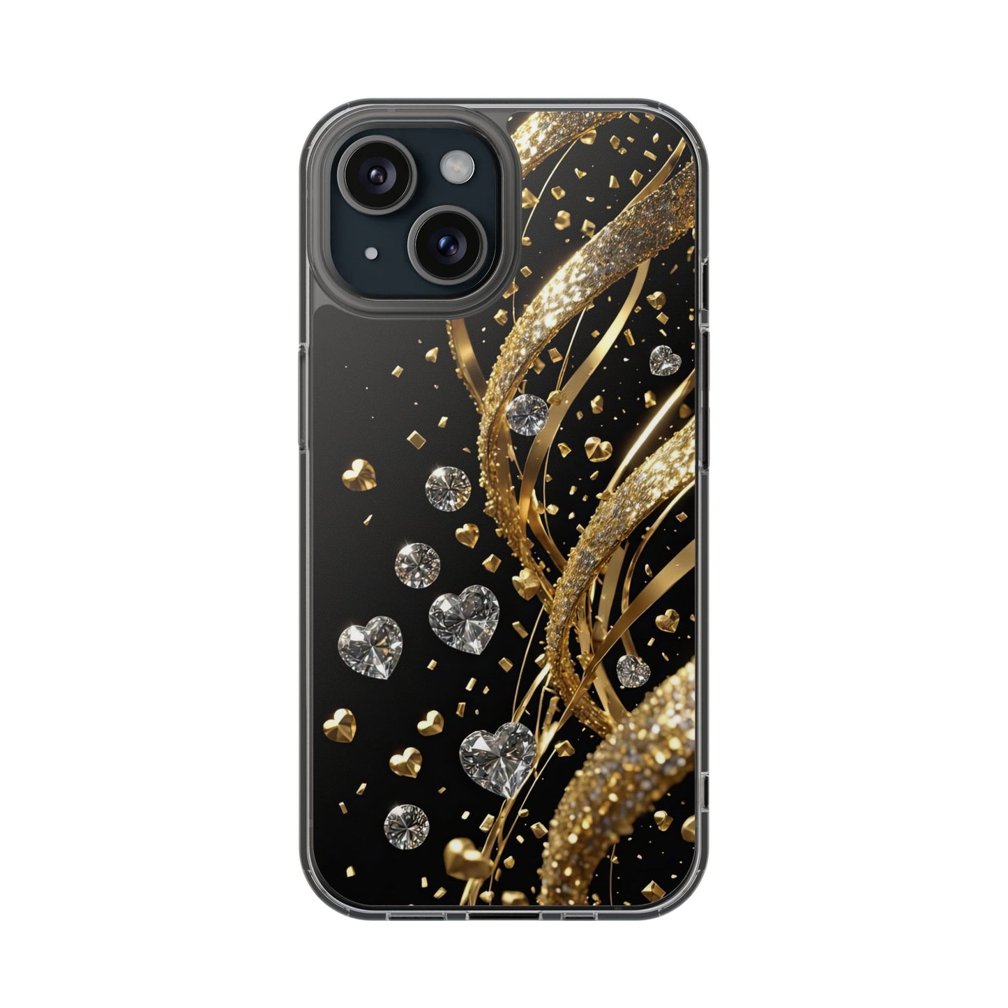 Gleaming Heart Clear Case, Elegant Gold Glitter, Sparkling Design