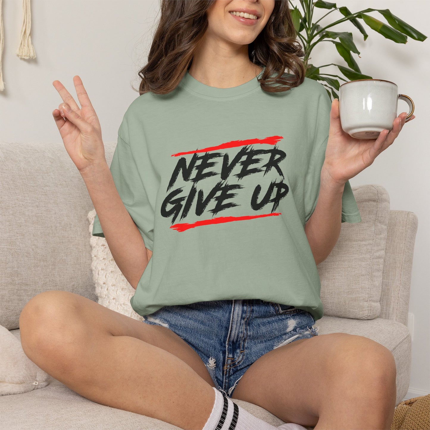 Never Give Up Motivational Unisex T-Shirt - Garment-Dyed for Comfort