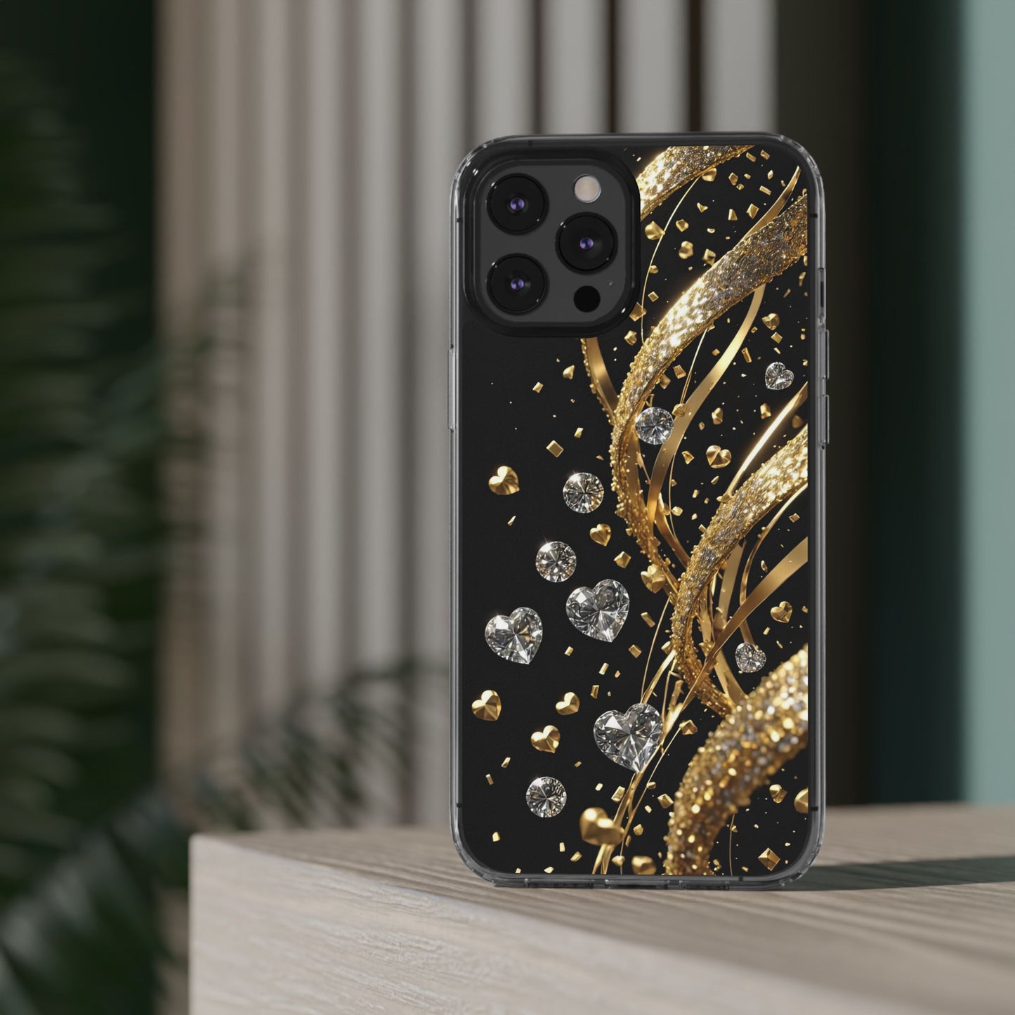 Gleaming Heart Clear Case, Elegant Gold Glitter, Sparkling Design