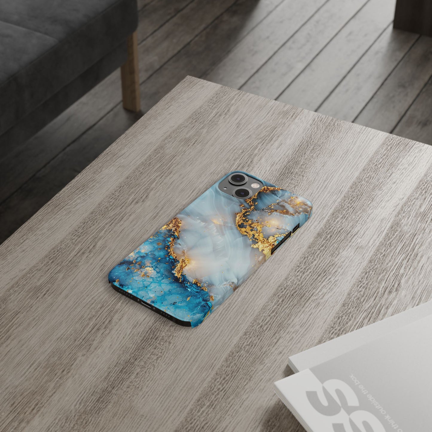 Marble Luxe Slim iPhone Case, Elegant Blue & Gold Design
