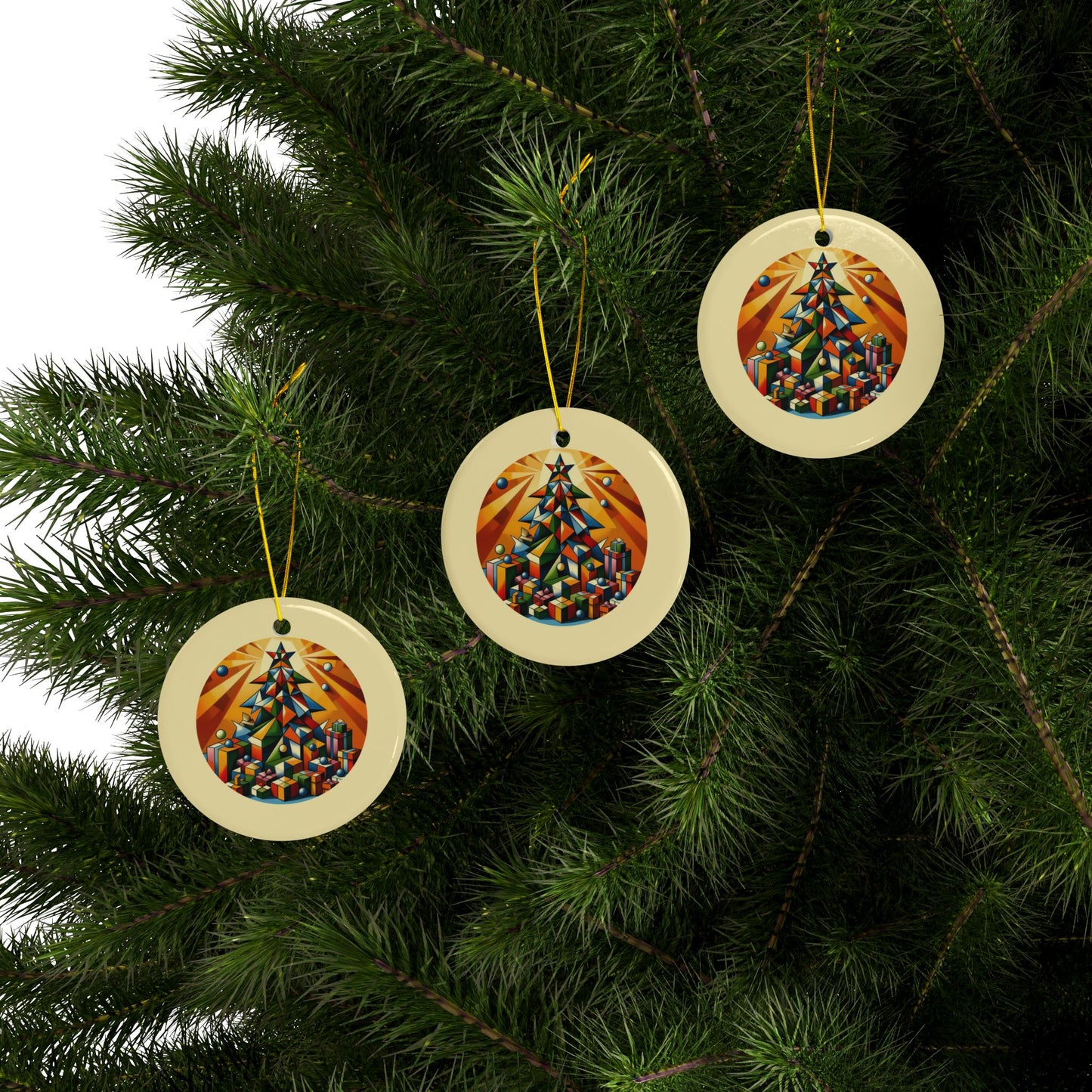 Cubist Christmas Tree Ceramic Ornaments, 2-Side Print, (1pc, 3pcs, 5pcs, 10pcs)