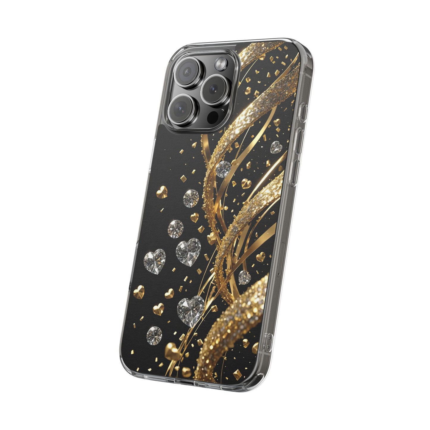 Gleaming Heart Clear Case, Elegant Gold Glitter, Sparkling Design
