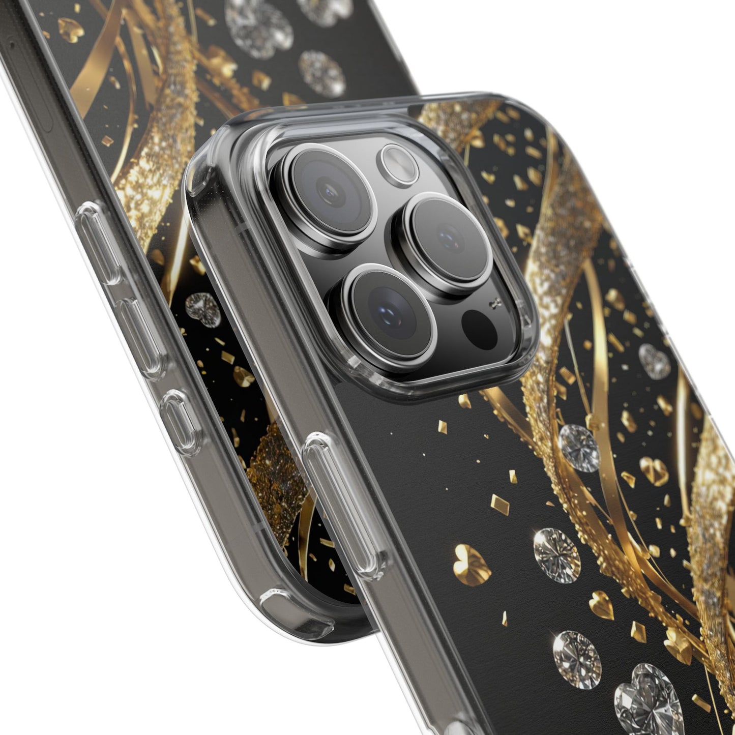 Gleaming Heart Clear Case, Elegant Gold Glitter, Sparkling Design