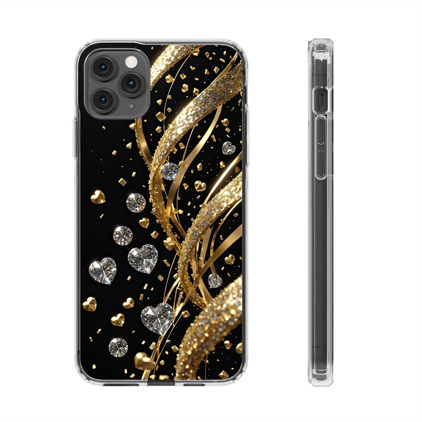 Gleaming Heart Clear Case, Elegant Gold Glitter, Sparkling Design