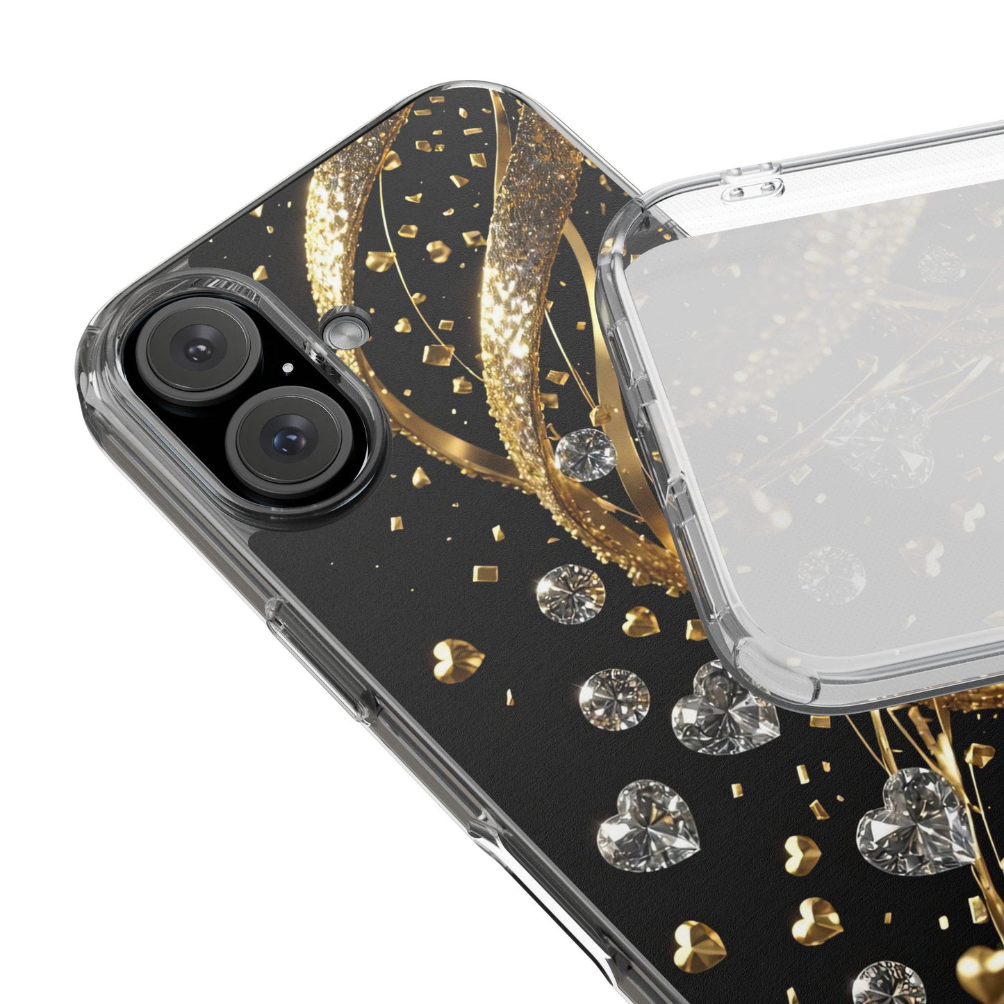 Gleaming Heart Clear Case, Elegant Gold Glitter, Sparkling Design